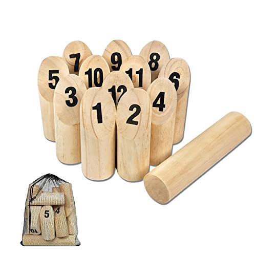 Froadp Wurfspiel Set aus Kieferholz, Kubb Wikingerschach Spiel mit 12 Holznummer & 1 Wurfzylinder, Holzwurf Bodenspiele Gartenspiele Set Draußen, Outdoor Spielzeug für Kinder Erwachsene Familienfeiern von Froadp