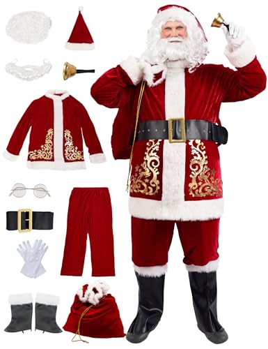 Frojuly Weihnachtsmann-Kostüm für Herren und Erwachsene, Weihnachtsmann-Anzug, 11-teilig, luxuriös, rotes Samt-Outfit, Weihnachten, Urlaub, Party, komplettes Set, Größe XL von Frojuly