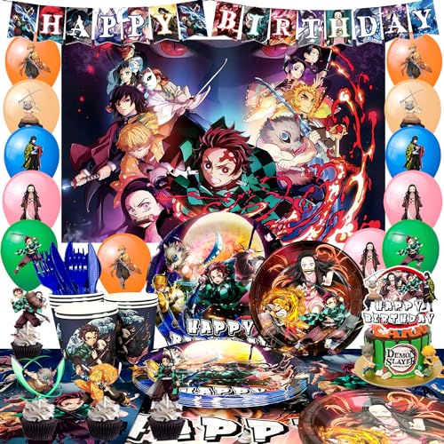 Demon Slayer Geburtstag Dekoration,Demon Slayer Party Set-Demon Slayer Balloons Banner Background Tischdecke Teller etc Anime Party Deko Demon Slayer von Fruitful Party