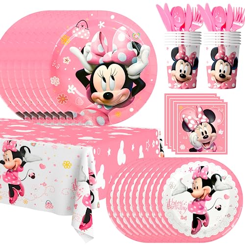 Minnie Thema Geschirr Party Set,113pcs Minnie Kindergeburtstag Set-Minnie Maus Plate Servietten Becher Tischdecke etc Minnie Geburtstagsdeko Geschirr von Fruitful Party