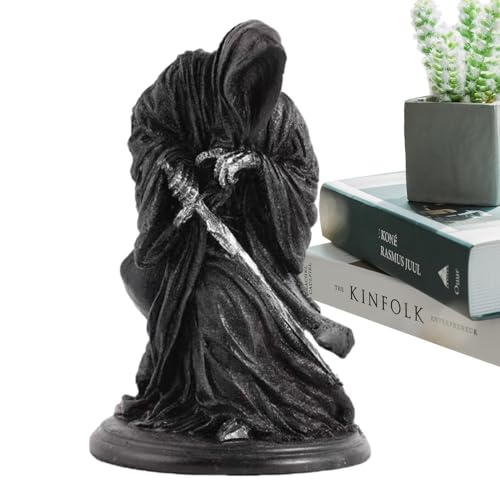 Black Tunic Robe Statue of Holy Death Santa Muerte, Gothic Figurine Holding Scythe, Black Standing Resin, 15 x 9.5 x 9.5cm, Ideal for Haunted House Decoration von Fruusv