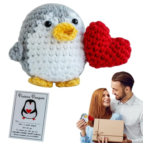 Emotional Support Crochet, Cute Crochet Animals Penguins with Positive Card, Handmade Crochet Heart Pocket Hug Knitting Doll for Kids and Adults, Cheer Up Table Ornament, Handcrafted Crochet Animals von Fruusv