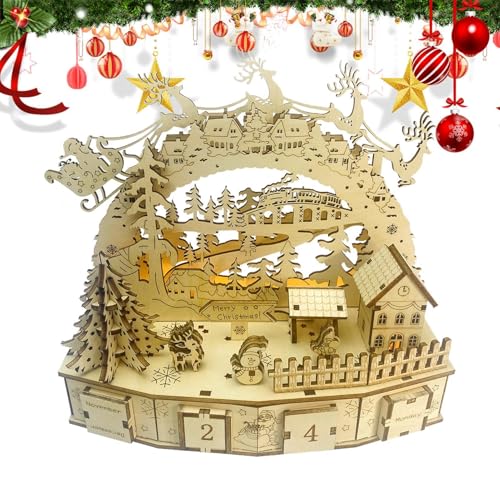 Fruusv Holzmodellbausätze für Erwachsene, Weihnachts-Adventskalender - Rustikale Modellbausätze - Mechanisches Puzzle-Montagemodell zum Zusammenbauen mit LED-Licht, Tischdekoration für Bücherregal, von Fruusv