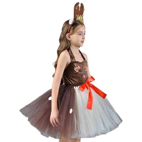 Fruusv Mädchen-Weihnachts-Anziehset, Rentier-Kleidungs-Requisiten für Kinder, Prinzessin-Anzieh-Outfit mit Stirnband, Weihnachts-Anziehset für Mädchen, thematisches Versammlungs-Outfit für Kinder von Fruusv