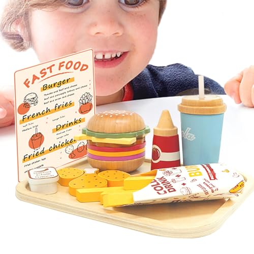 Fruusv Play Fast Food Set for Kids | Pretend Hamburger Set with Burger, French Fries, Fried Chicken, and Drinks | Fun Wooden Play Food for Imaginative Kitchen Role-Playing von Fruusv