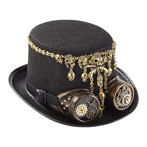 Fruusv Steampunk-Zylinder, Gothic-Hut - Unisex-Kopfbedeckung mit Schutzbrille | Kreativer Halloween-Hut mit Totenkopfkette für Damen und Herren, Kostümzubehör von Fruusv