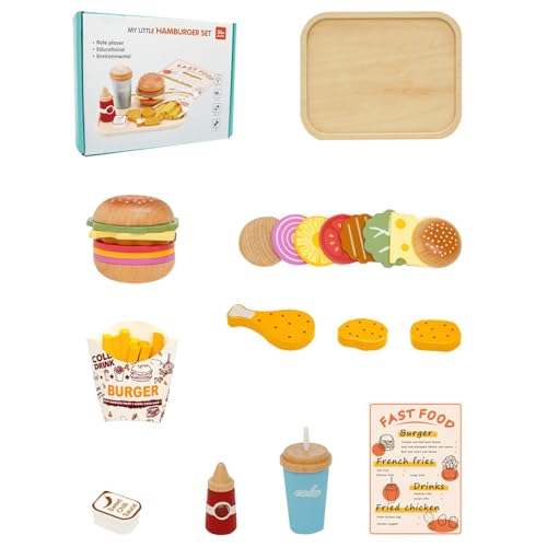 Pretend Play Hamburger Set, Fast Food Toy Set, Wooden Play Foods, Toddler Kitchen Accessories, Kids Burger Playset, Play Kitchen Food Toys, Toy French Fries for Kids von Fruusv