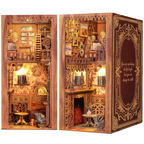 Fsolis DIY Book Nook,Puppenhaus Miniatur Haus Kit mit Holz Möbeln und LED-Licht,Bücherecke Bücherregaleinsatz Kits,Book Nook Modellbausätze für Erwachsene zum Bauen von Fsolis