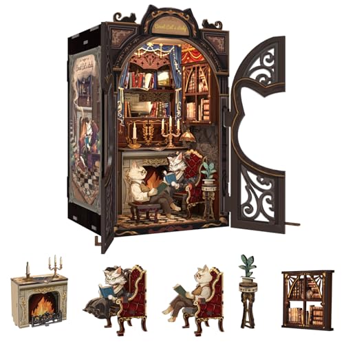 Fsolis Book Nook Kit, Miniatur Haus Kit mit LED Licht, Bücherecke Bücherregaleinsatz Kits,Modellbausätze für Erwachsene zum Bauen,Booknook Kreatives Geschenk(Count Cat's Study) von Fsolis