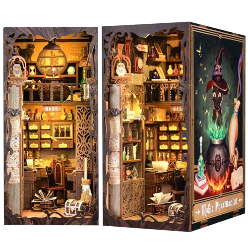 Fsolis Book Nook Kit,DIY Buchstütze Modellbausatz aus Holz,Book Nook Miniature House,3D Holzpuzzle Buchstützen aus Holz,Book Nook Shelf Insert Bücherecke Bücherregaleinsatz Kits mit LED-Licht von Fsolis