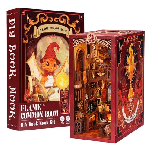 Fsolis DIY Book Nook Kit, Puppenhaus Miniatur Haus Kit mit LED Leuchten und Einsteckbar Staubschutzplatte,3D Puzzle Buchstützen aus Holz, Kreative Geschenke für Jungen und Mädchen(Flame Common Room) von Fsolis