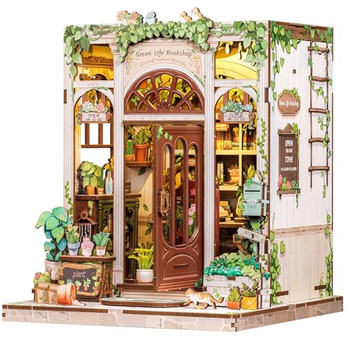 Fsolis DIY Book Nook Kit mit LED-Beleuchtung - 3D Holz Miniaturhaus Bausatz, Personalisierte Regal-Deko Bastelset für Erwachsene & Heranwachsende, Miniatur Haus Bausatz(Green Life Bookshop) von Fsolis