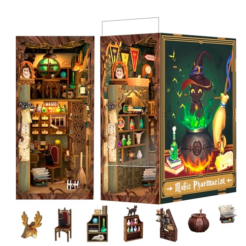 Fsolis DIY Book Nook mit LED-Licht und Möbeln, Miniatur-Puppenhaus-Set, Buchecke mit Staubschutz, DIY 3D-Puzzle, Holzkunst-Buchstützen, Modellbausätze für Erwachsene und Jugendliche (Zauberapotheker) von Fsolis