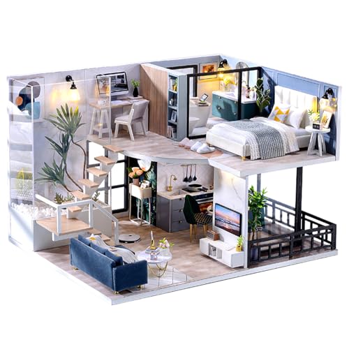 Fsolis DIY Puppenhaus Miniatur Kit mit Möbeln,Miniatur Puppenhaus,Kit Holzpuzzle Modernes Haus beleuchtet Miniatur Kit Dekoration von Fsolis