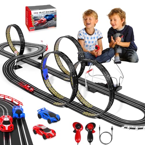 Rennstrecken Elektrische Slot Car Rennbahn Set für Kinder Jungen Alter 6 7 8-12, Batterie Elektrisch Betriebene Rennstrecke für Kinder 6-7, Racing Game 2 Hochgeschwindigkeits-Rennwagen 1:64 Maßstab von FuBegi