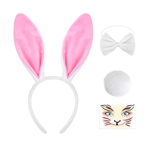 Fukamou Hasenkostüm,Hasenkostüm Für Kinder - Süße Hasenohren Mit Gesichtsaufkleber Hasenkostüm-Set,Hasenohren -Stirnband, Osterhasenkostüm Für Karneval, Cosplay, Jugendliche von Fukamou