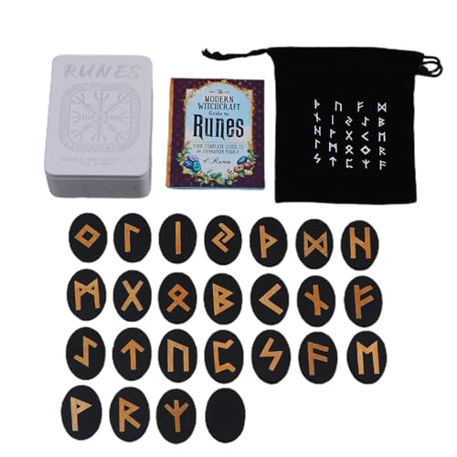 Fukamou Hexenrunen Set,Wikingerrunen,Mystische Runen mit Handbuch und Aufbewahrungstasche | Mythology Rune Divination Game Set, 25-teiliges Holzrunen für Anfänger, Wahrsagerei, Meditation von Fukamou