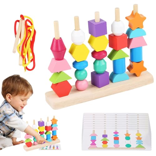 Fukamou Holz-Formsortierer-Spielzeug, Form-Matching-Spiel - Perlen-Reihenfolge-Spielzeug-Set für Kinder - Buntes Stapelspielzeug für die frühe Bildung, lustiges Lernspielzeug für die Feinmotorik von Fukamou