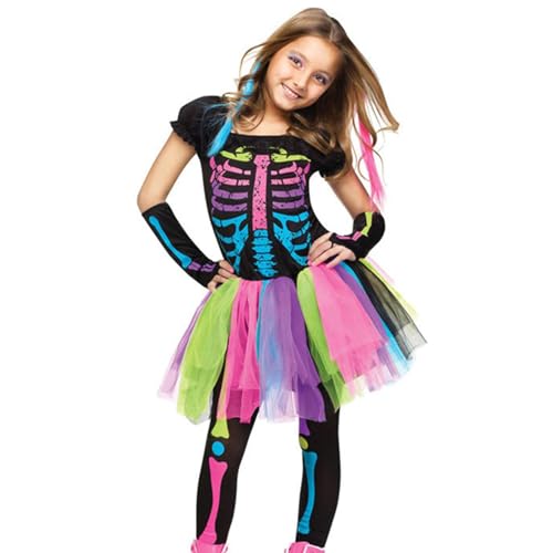 Fukamou Mädchenkostüme,Halloweenkostüm für Mädchen,Buntes Totenkopfkostüm für Mädchen | Kinder-Skelett-Outfit, Mädchen-Kinderkostüm für Maskerade-Halloween-Party von Fukamou