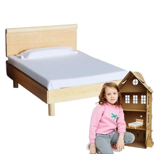 Fukamou Puppenhausbett, Miniatur-Puppenhausbett,Winziges Bett Puppenmöbel -Spielzeugbett - Maßstab 1:12, Rollenspiel-Puppenhausmöbel Aus, Puppenbettwäsche, Miniaturbett, Puppenhauszubehör von Fukamou