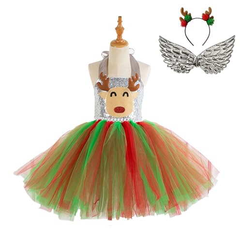 Fukamou Rentierkostüm Für Kinder, Hirschkostüm Für Mädchen - Cosplay Hirsch Kostüm Tutu Kleid - Weihnachtskostüm, Tüllkleid Mit- Stirnband, Feenflügeln, Party-Outfit von Fukamou