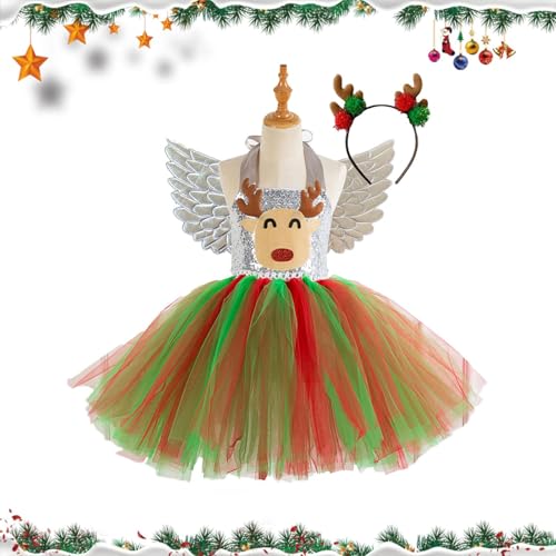 Fukamou Rentierkostüm Für Kinder, Hirschkostüm Für Mädchen - Cosplay Hirsch Kostüm Tutu Kleid - Weihnachtskostüm, Tüllkleid Mit- Stirnband, Feenflügeln, Party-Outfit von Fukamou