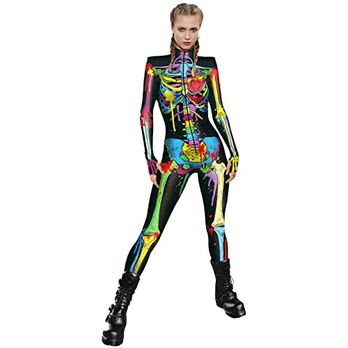 Fukamou Skelett Cosplay Kostüm | 3D-Skelett-Halloween-Kostüme Für Damen - Halloween-Bodysuit-Kostüm Für Frauen, 3D-Digital-druck, Langarm-Design von Fukamou