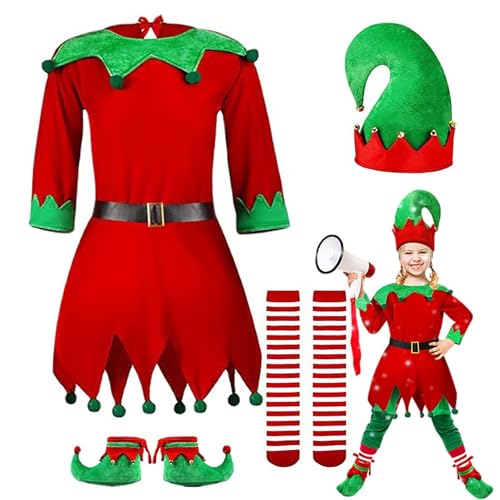 Fukamou Weihnachtself-Kostüm-Set Für Kinder - Mädchen Santa Helfer Kostüm Elfenkleid Outfit - Weihnachtsmann-Helfer-Kostümkleid-Set Mit -Elfenmütze, Schuhen, Gürtel, Strümpfen von Fukamou