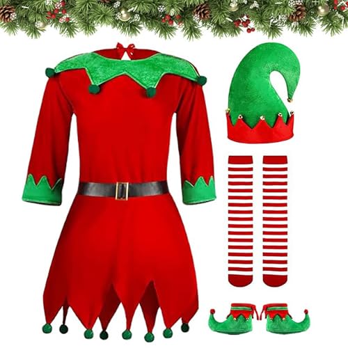 Fukamou Weihnachtself-Kostüm-Set Für Kinder - Mädchen Santa Helfer Kostüm Elfenkleid Outfit - Weihnachtsmann-Helfer-Kostümkleid-Set Mit -Elfenmütze, Schuhen, Gürtel, Strümpfen von Fukamou