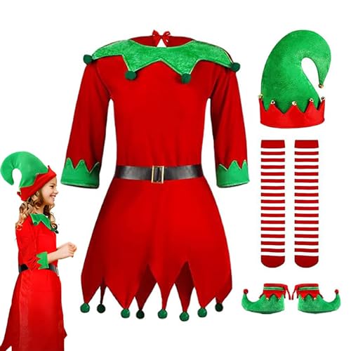 Fukamou Weihnachtself-Kostüm-Set Für Kinder - Mädchen Santa Helfer Kostüm Elfenkleid Outfit - Weihnachtsmann-Helfer-Kostümkleid-Set Mit -Elfenmütze, Schuhen, Gürtel, Strümpfen von Fukamou