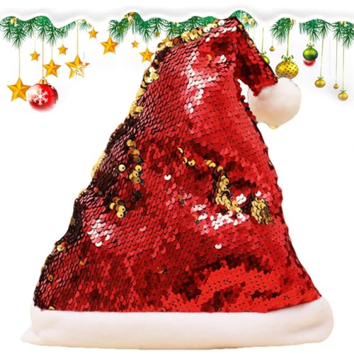 Fukamou Weihnachtsmütze Mit Pailletten, Glitzernde Weihnachtsmütze - Glitzernde Paillettenhüte,Glitzernde, Glitzernde- Pailletten-Hüte, Weihnachtsmann-Kostümmütze Mit Glänzenden Pailletten Und Pompon von Fukamou