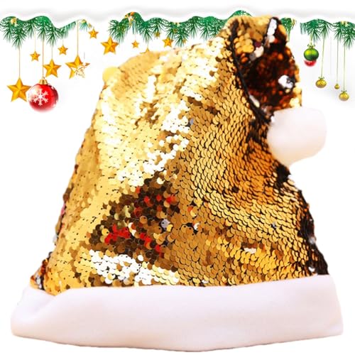 Fukamou Weihnachtsmütze Mit Pailletten, Glitzernde Weihnachtsmütze - Glitzernde Paillettenhüte,Glitzernde, Glitzernde- Pailletten-Hüte, Weihnachtsmann-Kostümmütze Mit Glänzenden Pailletten Und Pompon von Fukamou