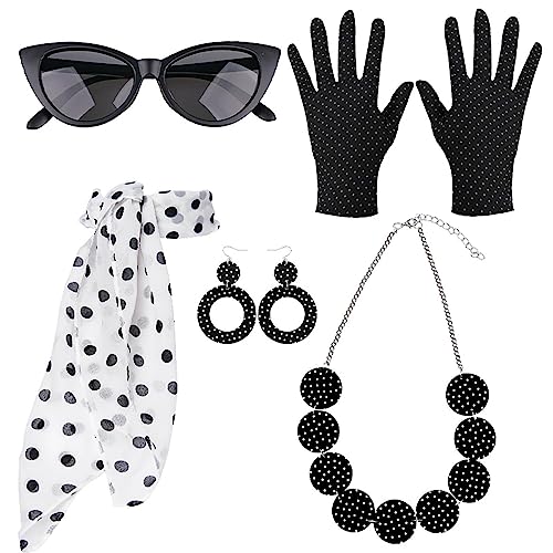 5TLG Rockabilly Accessoires Damen, 50er Jahre Kleid Zubehör, 1950s Zeitreise Kostüm Damen, Polka Dot Stirnband Halskette Für Frauen, 5-teiliges Disco-Outfit, Kostümparty-Outfits Für Mädchen von Fulenyi