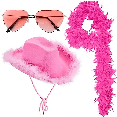 Cowgirl-Hut mit breiter Krempe, mit Herzbrille und Federboa, rosa Cowgirl-Hut, Western-Cowgirl-Hüte, Kostümzubehör aus Filz Cowgirl-Hut mit breiter Krempe, mit Herzbrille und Federboa, rosa Cowgirl-Hut, Western-Cowgirl-Hüte, Kostümzubehör aus Filz von Fulenyi