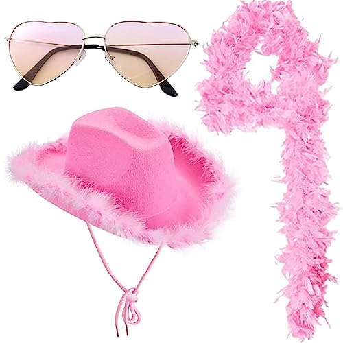 Cowgirl-Hut mit breiter Krempe, mit Herzbrille und Federboa, rosa Cowgirl-Hut, Western-Cowgirl-Hüte, Kostümzubehör aus Filz Cowgirl-Hut mit breiter Krempe, mit Herzbrille und Federboa, rosa Cowgirl-Hut, Western-Cowgirl-Hüte, Kostümzubehör aus Filz von Fulenyi