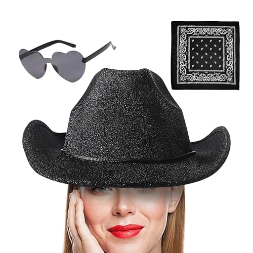 Fulenyi Cowgirl-Partyhüte, Cowboyhüte für Damen | Party-Kopfbedeckung, Glitzer-Cowgirl-Hut | 3X Westernhut, verstellbarer Kordelzug mit breiter Krempe, Partyhüte mit Bandana und Brille von Fulenyi