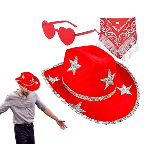 Fulenyi Strass Cowboyhut,Disco Cowboyhut | 3X Glitzer Cowboyhut Strass Stern Bandana,Halloween-Partykostüm, Cosplay-Zubehör-Set für Damen und Herren von Fulenyi