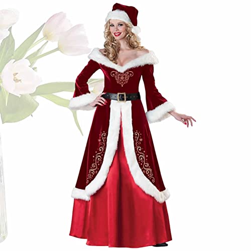 Weihnachtskleidung für Damen, Weihnachtskönigin Kleid | Weihnachtsmanngürtel, Hut, tiefer V-Ausschnitt, rotes Weihnachtsfeier-Outfit mit rauen Kanten von Fulenyi