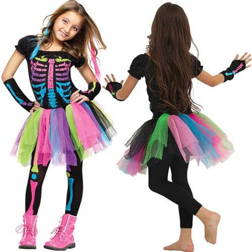 Funky Punk Bones Kostüm Set Für Mädchen Skelett Buntes Tutu Kleid Für Halloween Dress Up Partys von Fulenyi