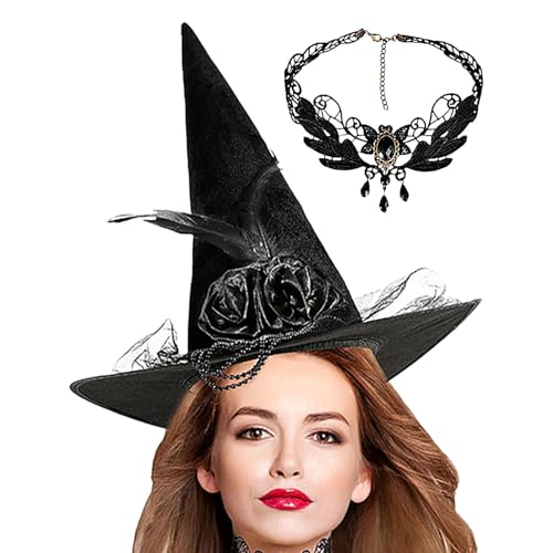 Halloween-Hexenhut, Hexenhut für Damen, Halloween-Zauberer, Cosplay-Hut, spitzer Hut mit -Halskette, Partyhüte Halloween-Hexenhut, Hexenhut für Damen, Halloween-Zauberer, Cosplay-Hut, spitzer Hut mit -Halskette, Partyhüte von Fulenyi