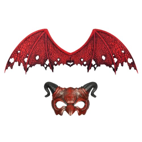 Teufelskostüm Flügel, Teufelsflügel und Gesichtsbedeckung | Gruselige Vlies-Halbgesichtsbedeckung Teufelsflügel | 2-teiliges rotes Set, Fotografie-Requisite für Halloween-Partys, Maskerade von Fulenyi