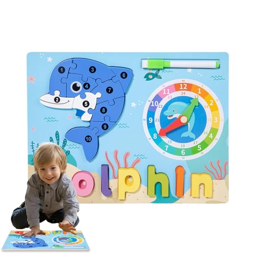 Tierpuzzles aus Holz für Kleinkinder,Tierpuzzle für Kleinkinder - Niedliche Giraffen-Delfin-Puzzles für Kleinkinder - Buntes Tierpuzzle, Lernuhr-Buchstaben-Matching-Spiel für die frühe Bildung von Fulenyi