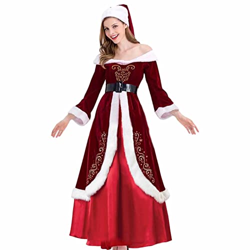 Weihnachtskleider für Frauen, Weihnachtsfeier-Outfits für Frauen | Weihnachtsmanngürtel, Hut, tiefer V-Ausschnitt, rotes Weihnachtsfeier-Outfit mit rauen Kanten von Fulenyi