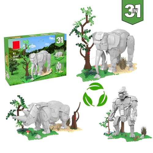 Fuleying 3 IN 1 Tiere Bausteine Bausatz, Elefant Nashorn Gorilla Klemmbausteine, Tiere Modellbau Spielzeug für Erwachsene Teenager, 951 PCS von Fuleying