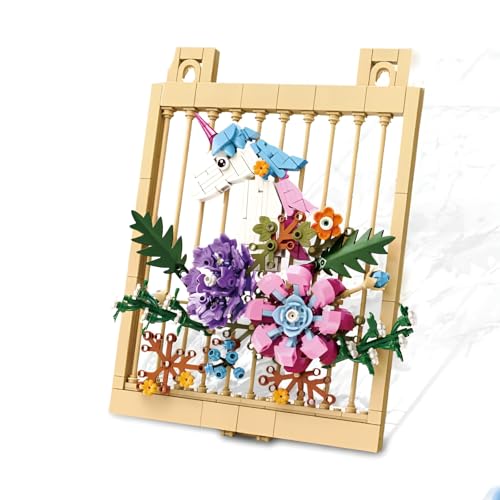 Fuleying Blumen Bausteine Bausatz, 372PCS Blumenstrauß Künstliche Klemmbausteine Set mit Einhorn, Botanical Collection Modell Baukästen, Pflanzen Modellbau Spielzeug Wand Heimbüro Dekoration von Fuleying