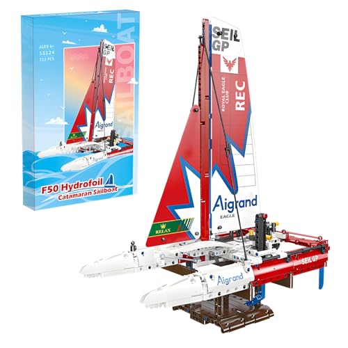 Fuleying F50 Hydrofoil Catamaran Segelboot Bausteine Bausatz, 733 PCS Modular Klemmbausteine Boot Modell Spielzeug, MOC Kreative Geschenke zum Bauen für 6+ Kinder, Teenager und Erwachsene von Fuleying