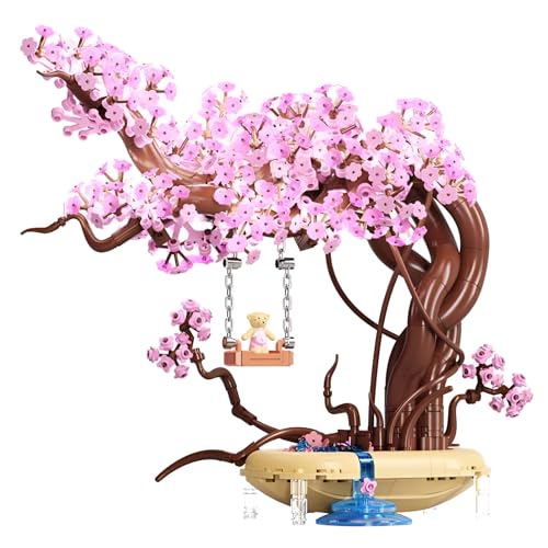 Fuleying Kirschblütenbaum Bonsai Baum Mini Blocks Set, Japanischer Stil Rosa Sakura Botanische Sammlung mit Bär Bauklötze, Swing The Romance, Baukasten für 6+ Kinder, Erwachsene von Fuleying