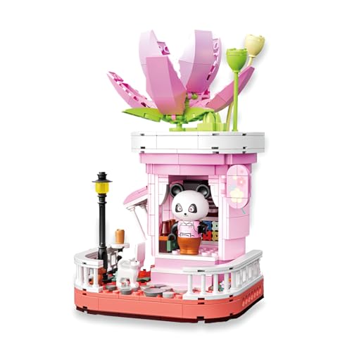 Fuleying Panda Blumenladen Bauklötze Set, Straßenansicht Stadtladen mit Panda Bauklötzen, Architektur Bau Modellspielzeug für Kinder und Erwachsene(Lotus) von Fuleying