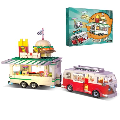 Fuleying Retro Burger Van Bausteine Bausatz, Beweglicher Food Truck Klemmbausteine, 883 PCS Fahrzeug Modell Spielzeug, Küchenspielzeug, Fantasievolles Spielgeschenk für Jungen Mädchen von Fuleying