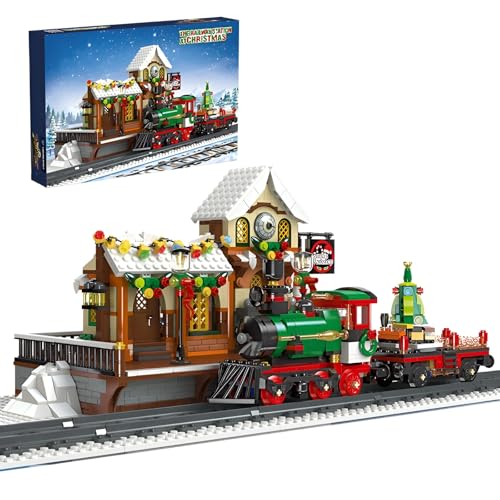 Fuleying Weihnachtseisenbahn Bahnhöfe Bausteine Bausatz, Xmas Schnee Haus KlemmbausteineSammlerstück Spielmodell Kits, Party Favor für Kinder Erwachsene, 1362 PCS von Fuleying